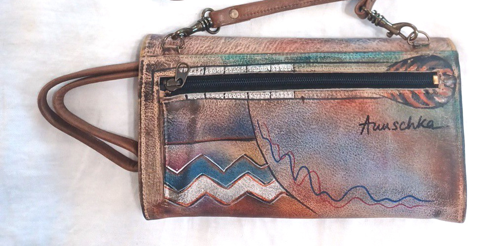 Anuschka Hand Painted Mountain Sun Wallet Crossbody Leather 8x4 Boho